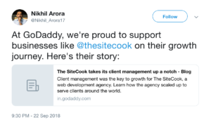 - Seahawk Nikhil Arora, Managing Director of GoDaddy India, tweets on Sitecook