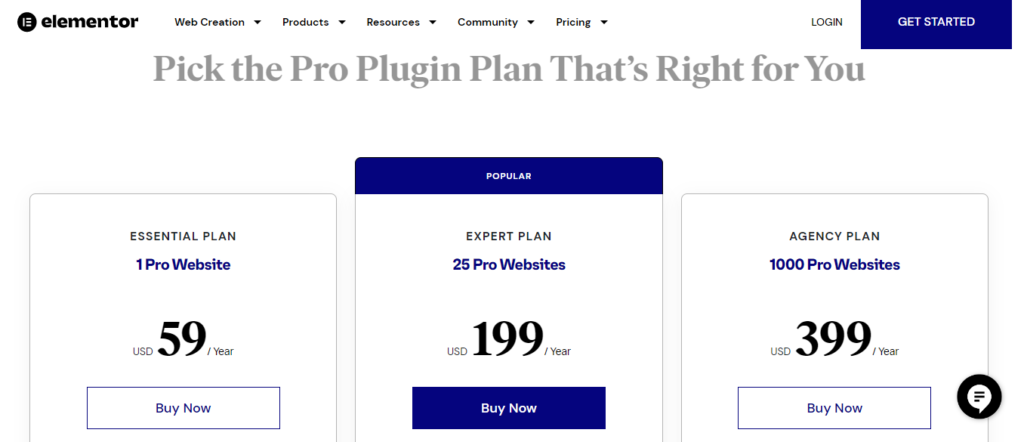 Elementor Pricing Plan 