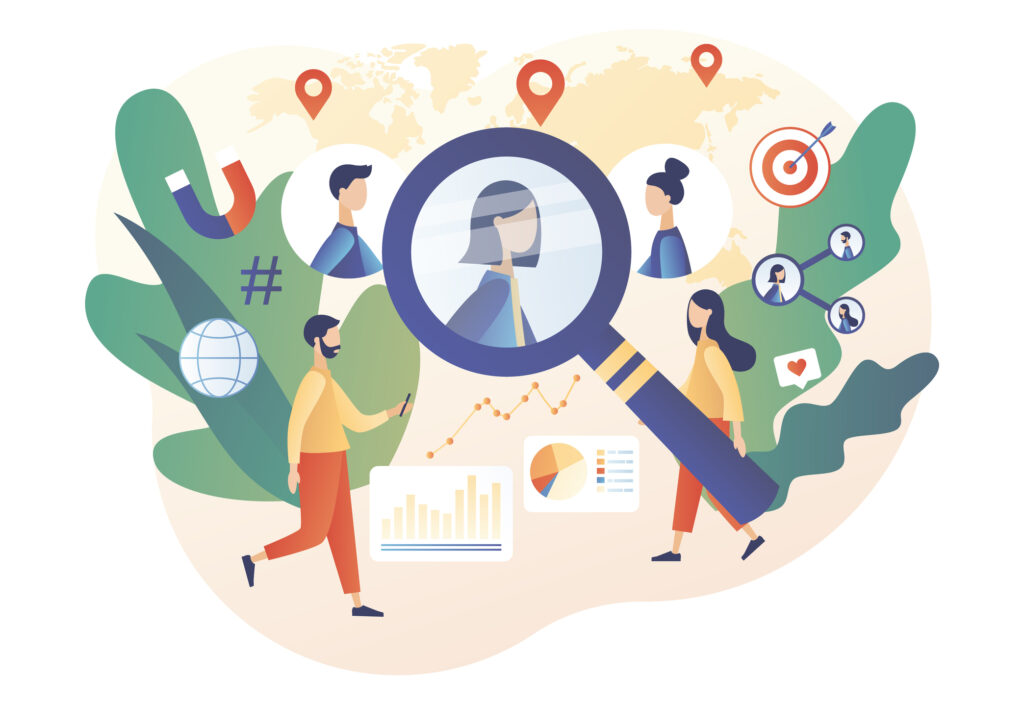 Target audience, customers outreach. Tiny people set up advertice on social networks. Business goal concept. Digital targeting marketing, sales generation. Modern flat cartoon style. Vector - Seahawk