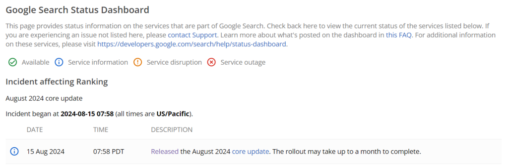 Google search status dashboard - Google August 2024 Core Update