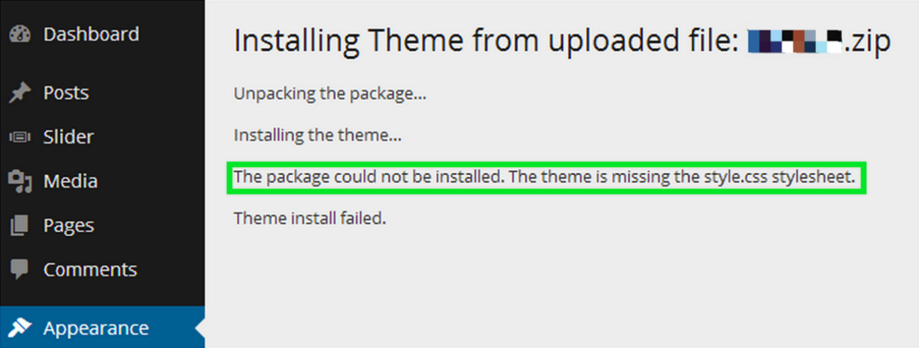 fix the package could not be installed. The theme is missing the style.css stylesheet - Seahawk fix the package could not be installed. The theme is missing the style.css stylesheet