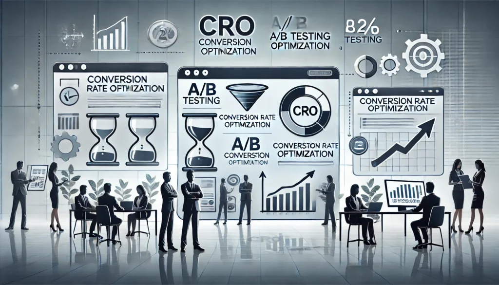 DALL·E 2024-11-11 17.33.38 - An image representing CRO (Conversion Rate Optimization) for B2B websites. The scene shows a professional business website interface with elements lik - Seahawk CRO For B2B Websites