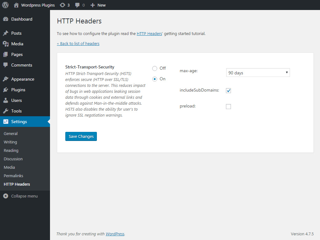 HTTP Headers Save Changes