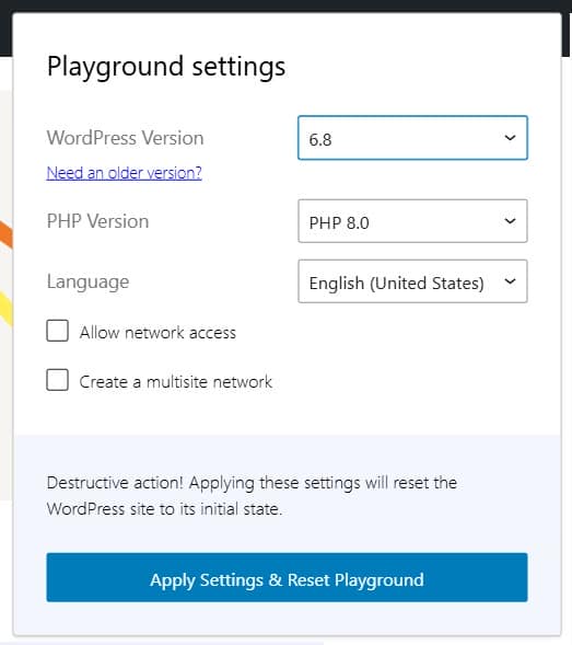 WordPress Playground Settings