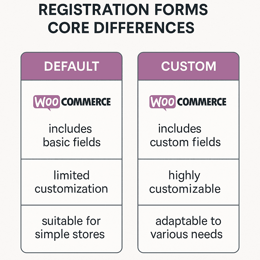 Default vs Custom WooCommerce Registration Forms: Which is Best for Your Store? 79 Default Vs Custom WooCommerce Registration Forms Core Differences