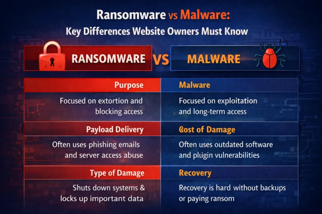 Ransomware vs Malware: What Website Owners Need to Know 79 Ransomware vs malware key contrasts 1