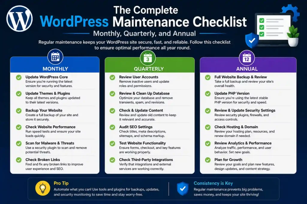 The Complete WordPress Maintenance Checklist (Monthly, Quarterly, and Annual) 78 WordPress Maintenance Checklist