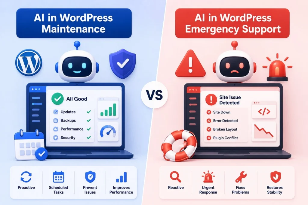 WordPress Website AI Support: What it is, How it Works, and What to Expect in 2026? 80 AI in WordPress-Maintenance vs Emergency
