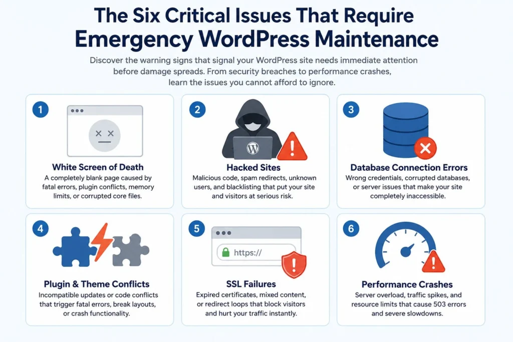 Emergency WordPress Maintenance: Fix Critical Issues Before They Cost You 78 Six critical issues for emergency WordPress maintenance