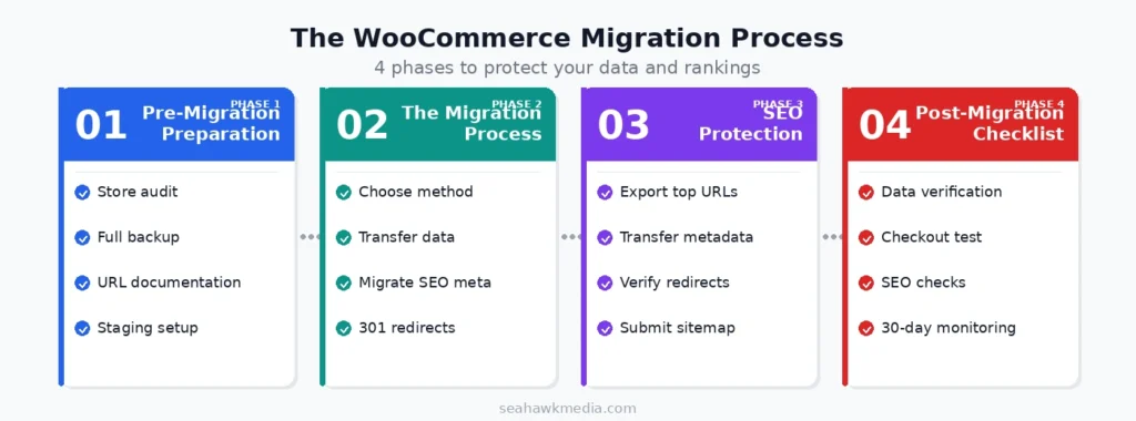 The WooCommerce Migration Process That Protects Your Data and Rankings 78 woocommerce-migration-process-4-phases